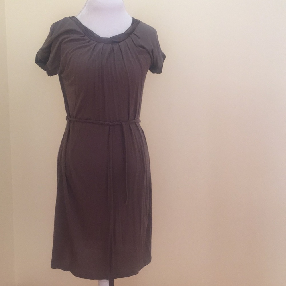 Coffee-color, short-sleeve dress.